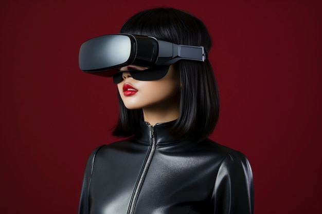 Mujer joven hermosa asiática con casco de realidad virtual con fondo claro