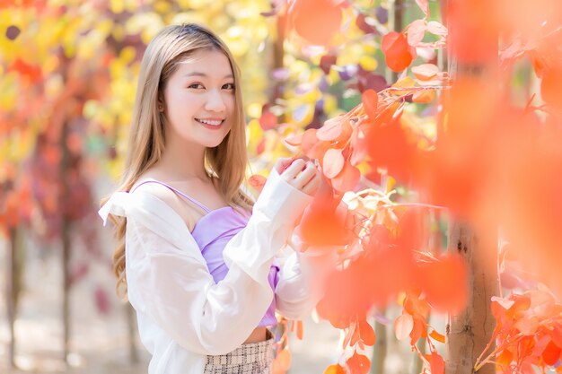 Mujer joven hermosa asiática se encuentra y sonríe entre el bosque de naranjos en el tema natural.