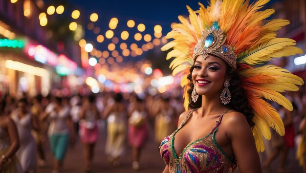 Foto mujer joven y hermosa brasileña con máscara de carnaval y elegante disfraz de mascarada con plumas