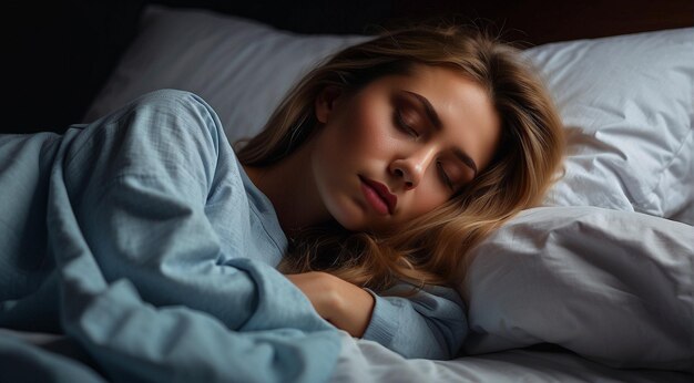 Una mujer joven hermosa durmiendo en la cama una mujer joven hermosa durmiendo envuelta con una sábana