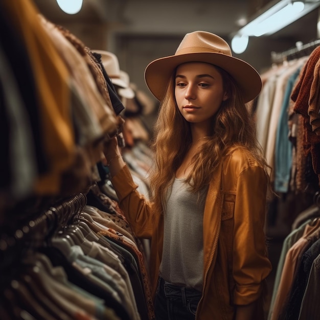 Una mujer joven y hermosa elige felizmente su imagen AI generativa de atuendos