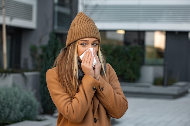 Mujer joven hermosa enferma estornudando y sonándose la nariz en una servilleta Mujer de negocios enferma en estilo de negocios estornudando en la calle Empleado insalubre Síntomas de virus al aire libre Enfermedad del resfriado