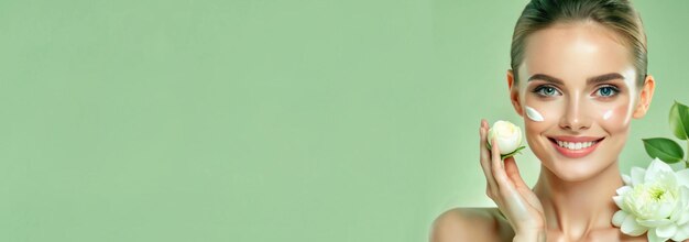 Mujer joven hermosa con flores de piel radiante y espacio de texto en fondo verde