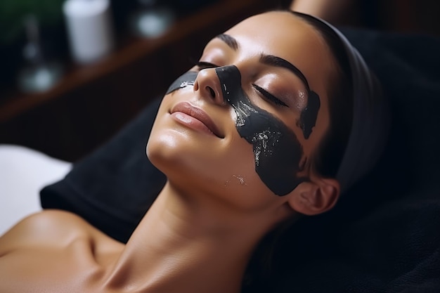Mujer joven y hermosa con máscara para el cuidado de la cara con flores de fondo concepto de cuidado de la piel