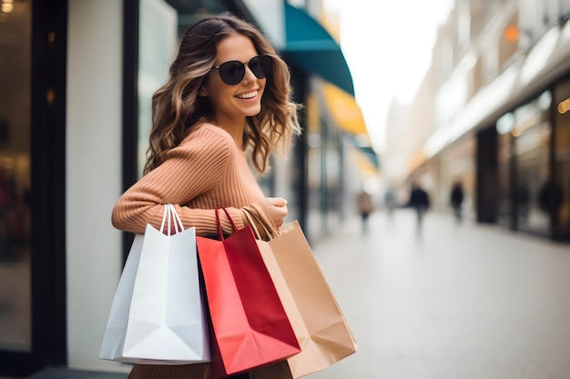 Mujer joven y hermosa de moda llevando bolsas y yendo de compras