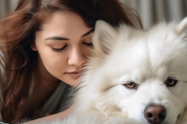 Mujer joven y hermosa con perros husky en un entorno navideño IA generativa
