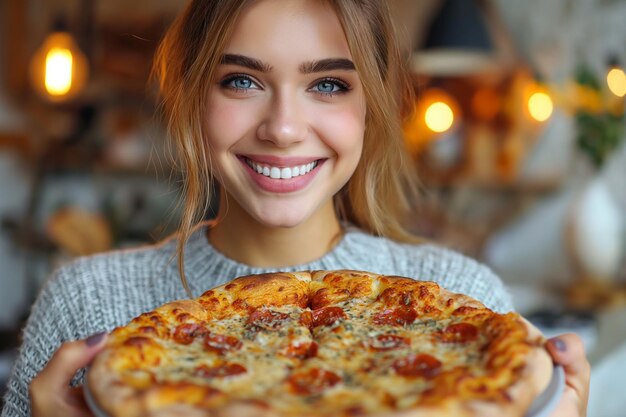 Mujer joven y hermosa con pizza