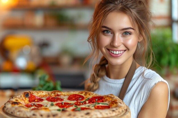 Mujer joven y hermosa con pizza