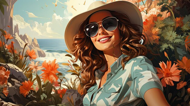 Mujer joven hermosa y sonriente con ropa de verano a la moda al aire libre alegre y feliz con gafas de sol y sombrero IA generativa