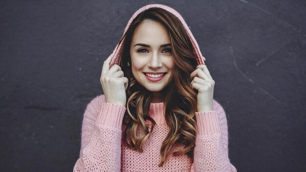 Mujer joven y hermosa en suéter rosa cálido aspecto natural sonriente retrato en aislado largo