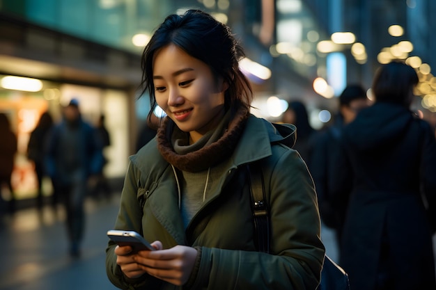Mujer joven hermosa usando teléfono inteligente caminando por la calle de la ciudad estudiante sonriente