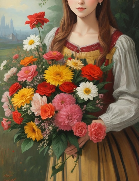 Una mujer joven con hermosas flores.
