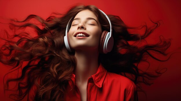 Mujer joven con un hermoso cabello exuberante escuchando música con auriculares
