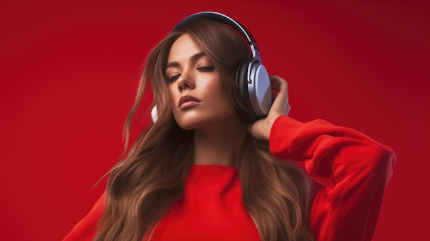 Mujer joven con un hermoso cabello exuberante escuchando música con auriculares