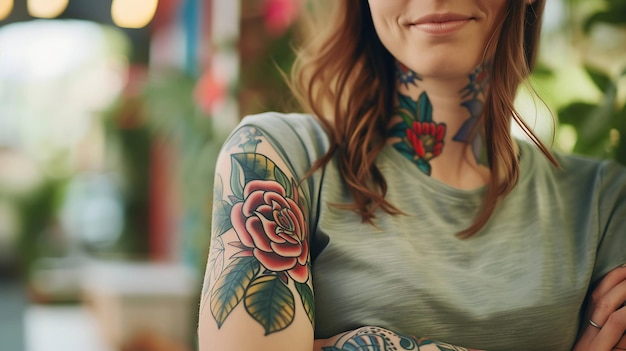 Una mujer joven con un hermoso tatuaje tradicional de rosa en el brazo, lleva una camisa verde casual y tiene el cabello abierto.