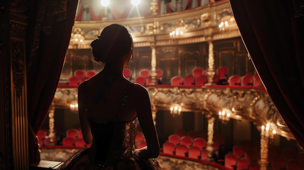 Foto mujer joven en un hermoso vestido de noche mirando a un teatro de la ópera vacío