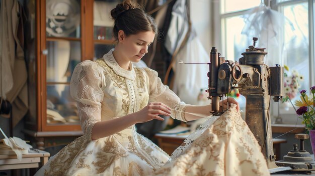 Una mujer joven con un hermoso vestido se sienta en una máquina de coser trabajando en una prenda delicada