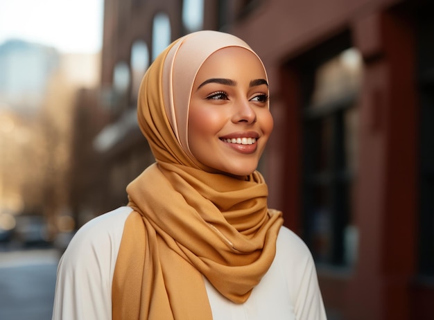 una mujer joven con un hijab dorado caminando