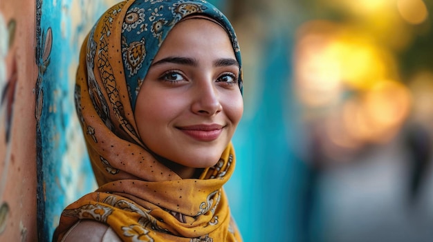 Mujer joven con un hijab de patrón amarillo con una expresión reflexiva de pie contra una pared de textura azul