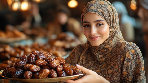 Mujer joven con hijab presentando dátiles en una bandeja