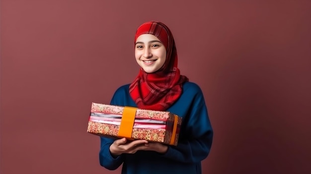 Una mujer joven en Hijab sosteniendo una caja de regalo en sus manos