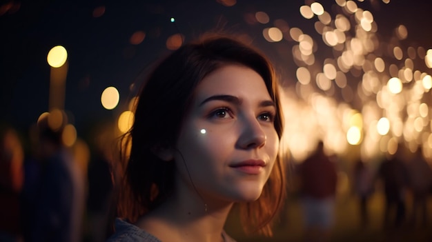 Foto mujer joven hipnotizada por el espectáculo de fuegos artificiales en la ciudad a medianoche