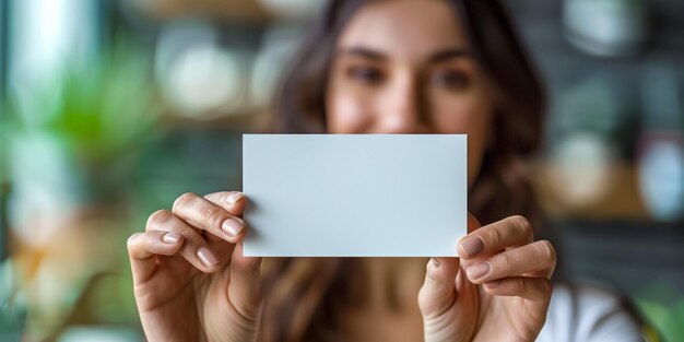 Mujer joven hipster sosteniendo una tarjeta de visita en blanco y sonriendo