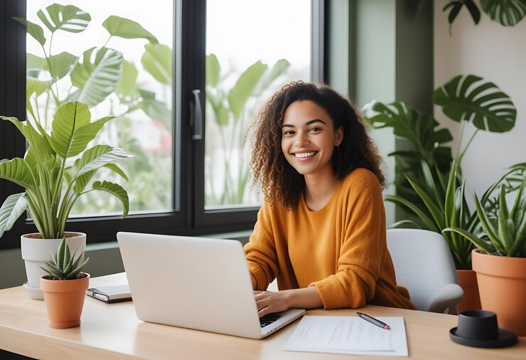Mujer joven hispana trabajando en una computadora portátil en una oficina acogedora con una sonrisa brillante vestimenta casual plantas de espacio de trabajo moderno en el fondo