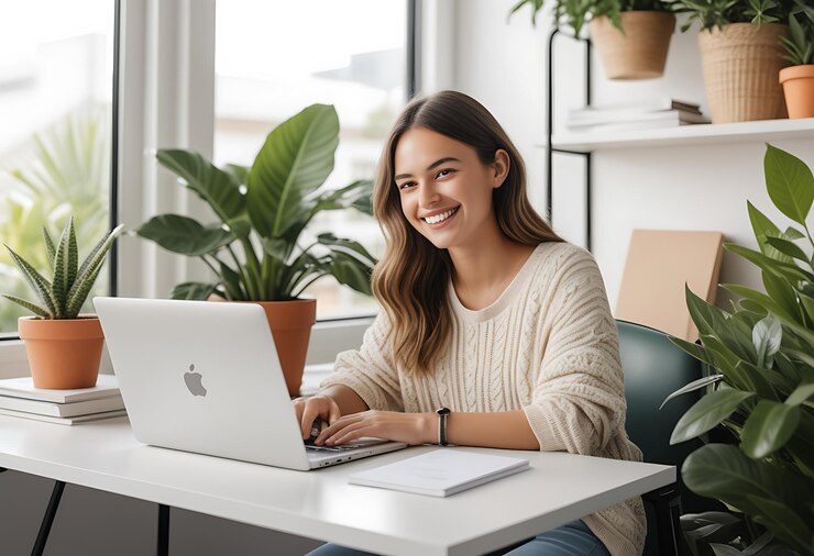 Mujer joven hispana trabajando en una computadora portátil en una oficina acogedora con una sonrisa brillante vestimenta casual plantas de espacio de trabajo moderno en el fondo