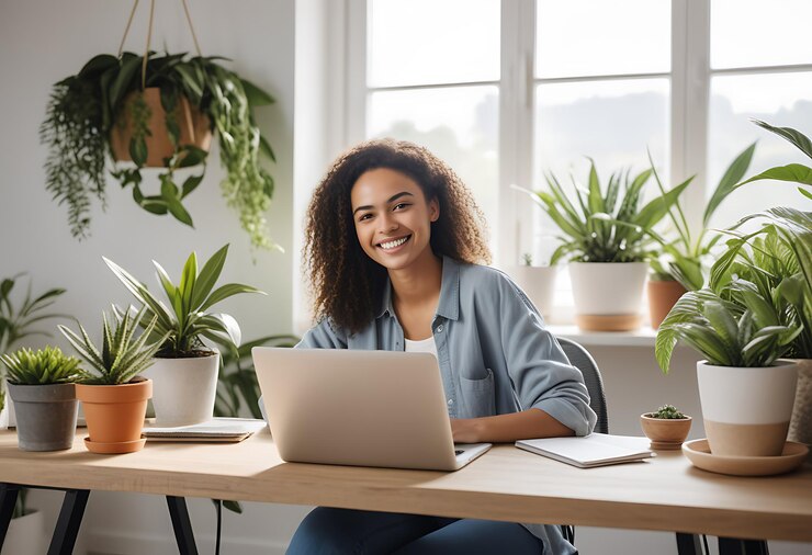 Mujer joven hispana trabajando en una computadora portátil en una oficina acogedora con una sonrisa brillante vestimenta casual plantas de espacio de trabajo moderno en el fondo