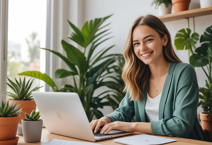 Mujer joven hispana trabajando en una computadora portátil en una oficina acogedora con una sonrisa brillante vestimenta casual plantas de espacio de trabajo moderno en el fondo