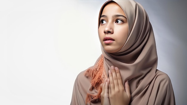 Una mujer joven en un hiyab con las manos juntas y los ojos cerrados.