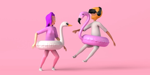 Mujer joven y hombre con flotador de flamencos y cisnes y gafas de realidad virtual Concepto de verano