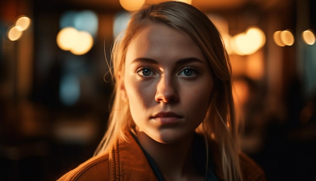 Mujer joven iluminada por las luces de la ciudad sonriendo con confianza generada por IA