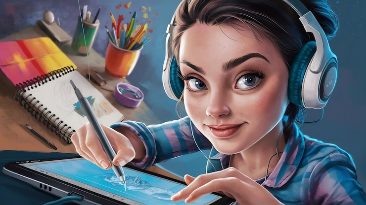 Foto mujer joven ilustradora usando una tableta