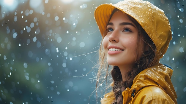 Una mujer joven con un impermeable amarillo sonriendo