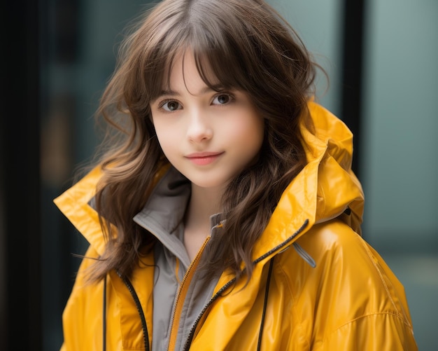 una mujer joven con un impermeable amarillo