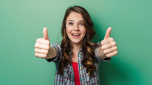 Mujer joven impresionada mostrando los pulgares hacia arriba y sonriendo asombrado elogiando algo genial de pie