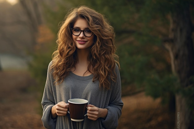Mujer joven impresionante con gafas sosteniendo una taza de café en la naturaleza