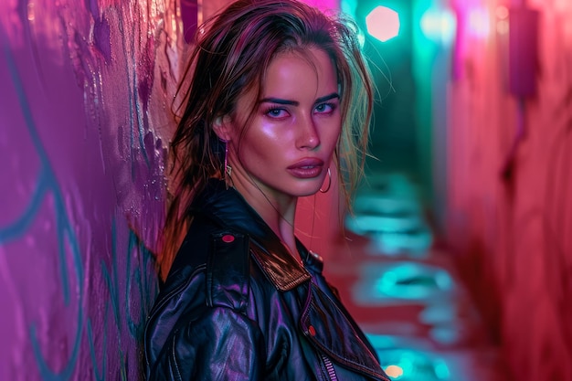 Mujer joven impresionante posando en luces de neón entorno urbano retrato de moda con colores vívidos