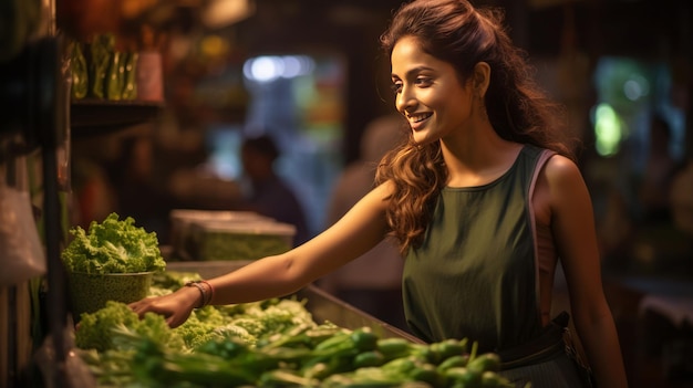 Mujer joven india de compras en la tienda de verduras