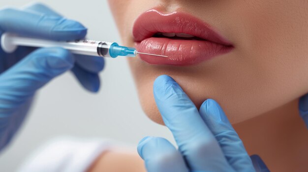 Una mujer joven se inyecta botox en los labios.