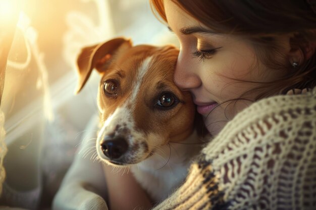Mujer joven y Jack Russell Terrier en casa
