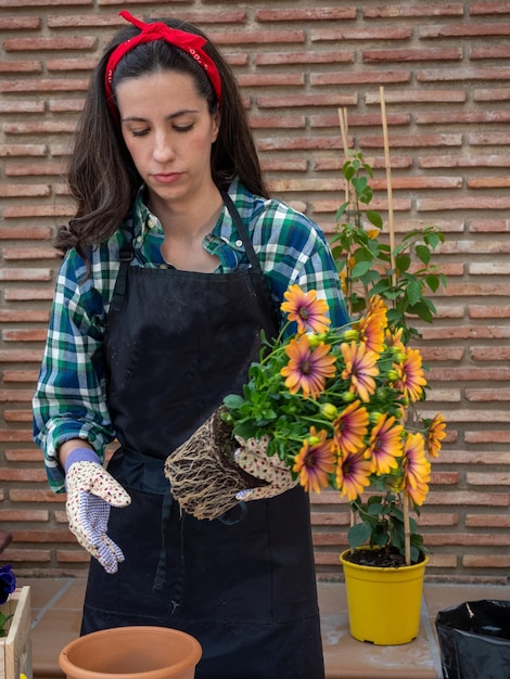 Mujer joven, jardinería, en casa