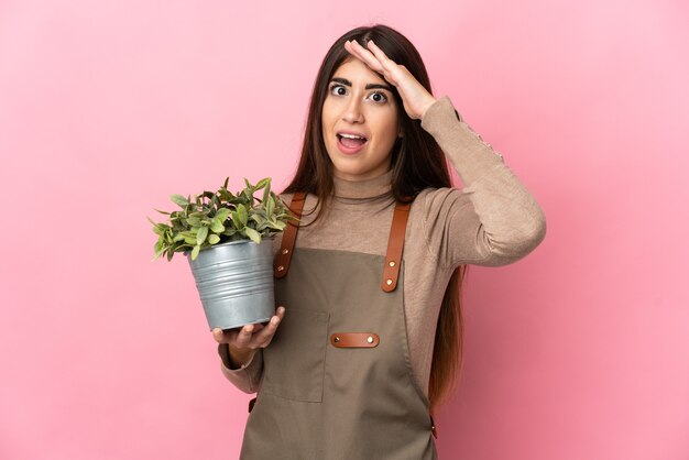 Mujer joven jardinero sosteniendo una planta aislada en la pared rosa haciendo gesto de sorpresa mientras mira hacia el lado