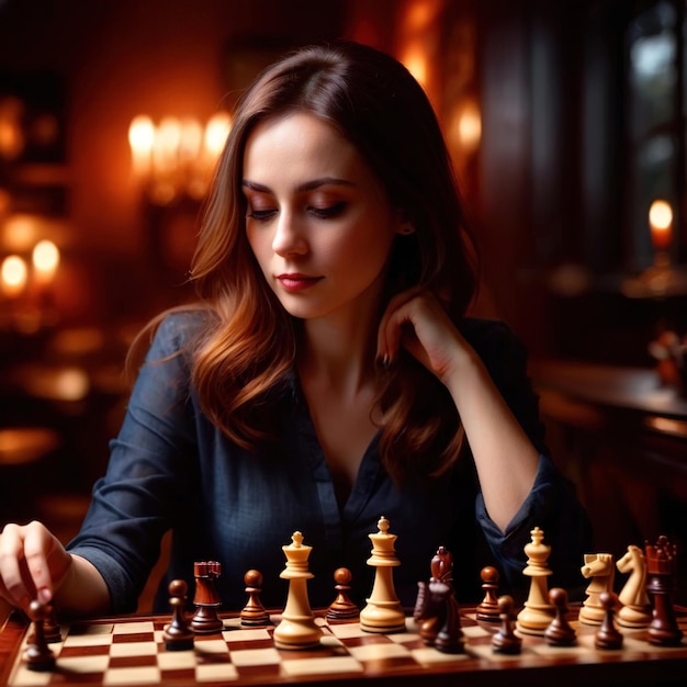 Foto mujer joven jugando al ajedrez concentrándose en la competencia iluminación brillante
