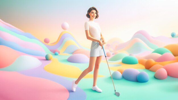 Mujer joven jugando al golf en el espacio virtual concepto deportivo Metaverse