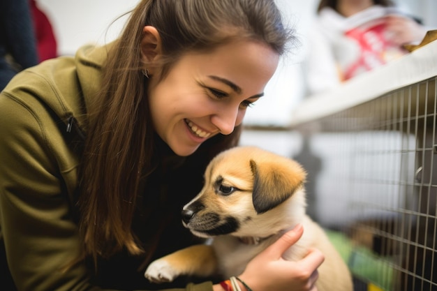 Foto una mujer joven jugando con un cachorro en un taller de cuidado de mascotas
