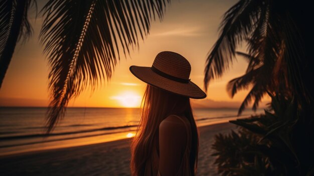 Una mujer joven junto al mar contra el telón de fondo de la puesta de sol