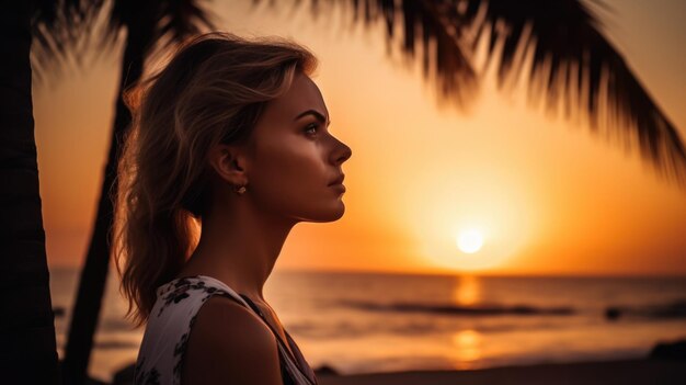 Una mujer joven junto al mar contra el telón de fondo de la puesta de sol